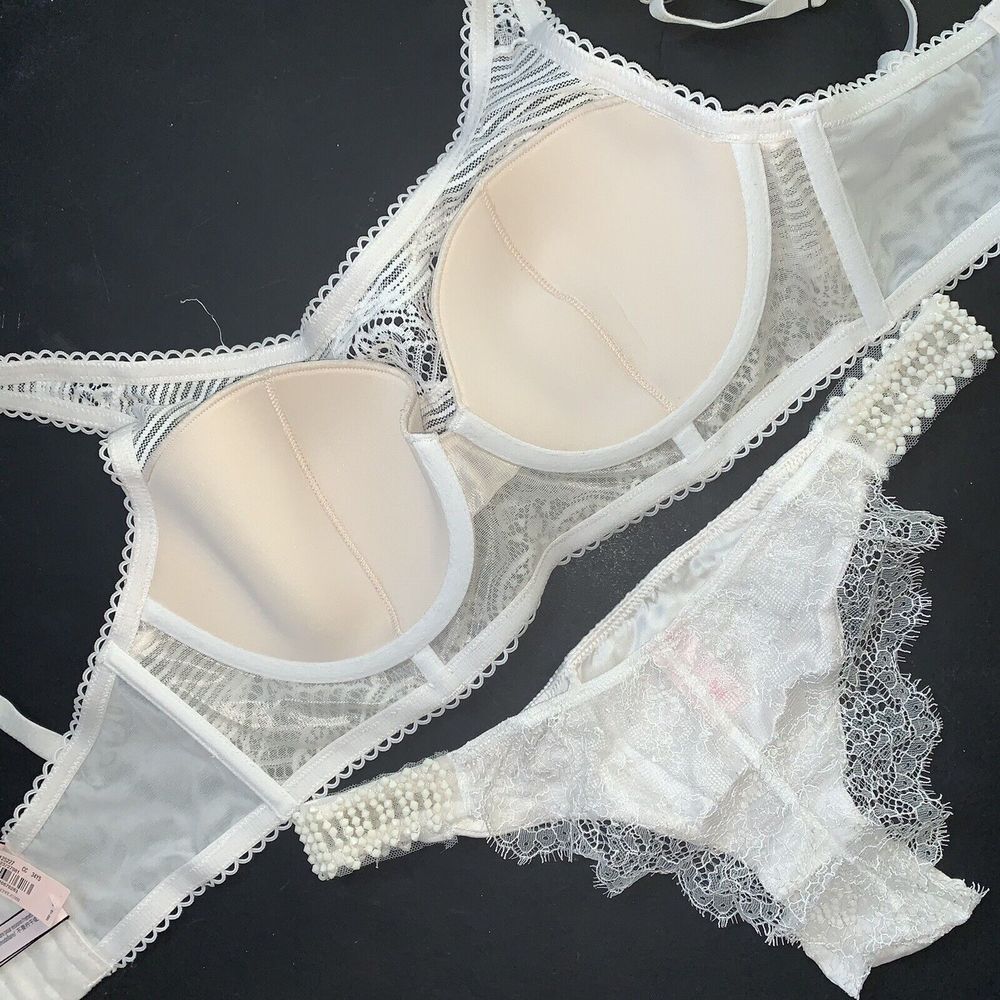 NWT Victoria's Secret 32DD BRA SET+S silk beaded panty coconut WHITE lace BRIDAL